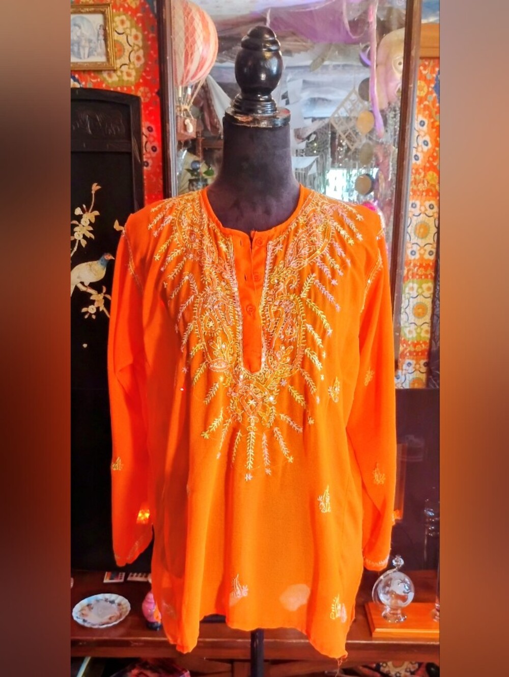 Vintage India Summer Dreams Bohemian Silk Embroidered Orange Women's Tunic Top M